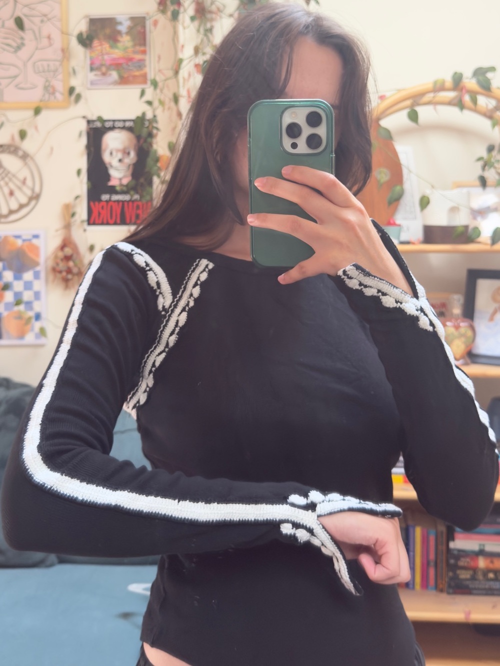 Free People Black Long-Sleeve Ribbed Top with White Trim Detailing size small - Picture 2 of 6